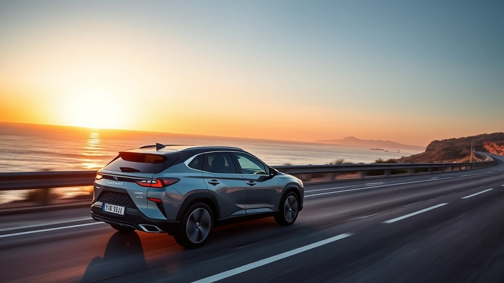 Hybrid SUV driving on coastal highway during golden hour, modern design proportions, natural seascape backdrop, premium automotive lighting