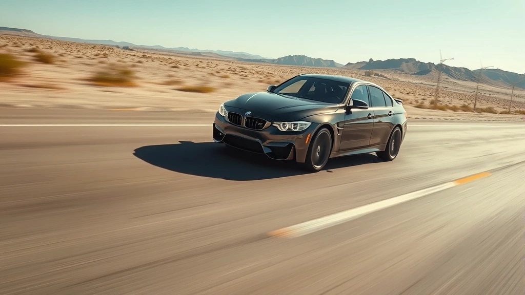 High-performance sedan acceleration on empty desert highway, dynamic motion blur, clear sky, vehicle in sharp focus demonstrating speed and control