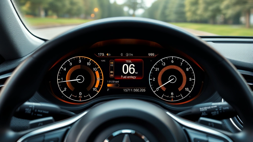Hybrid vehicle dashboard displaying fuel economy metrics and energy flow visualization, showing driver perspective of instrument cluster and steering wheel in luxury interior