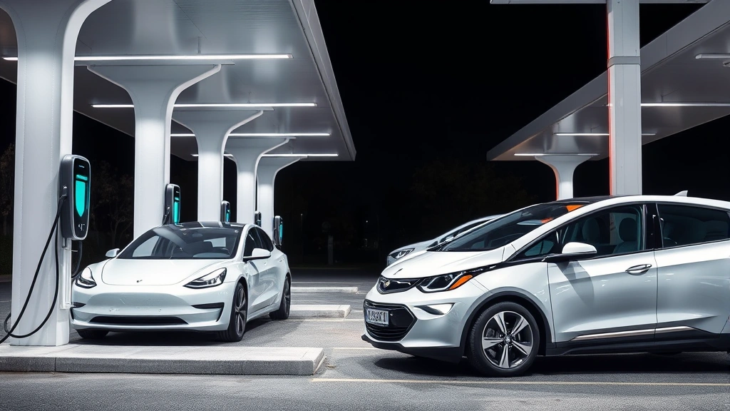 Tesla Model 3 and Chevrolet Bolt EV charging at modern electric vehicle charging station infrastructure with futuristic design, clean minimalist composition emphasizing sustainable transportation technology