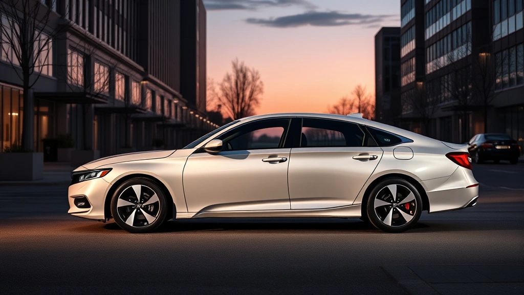 2024 Honda Accord mid-size sedan in pearl white, side profile view emphasizing elegant proportions, parked in sophisticated urban setting at dusk, ambient lighting reflecting off body panels, professional automotive imagery