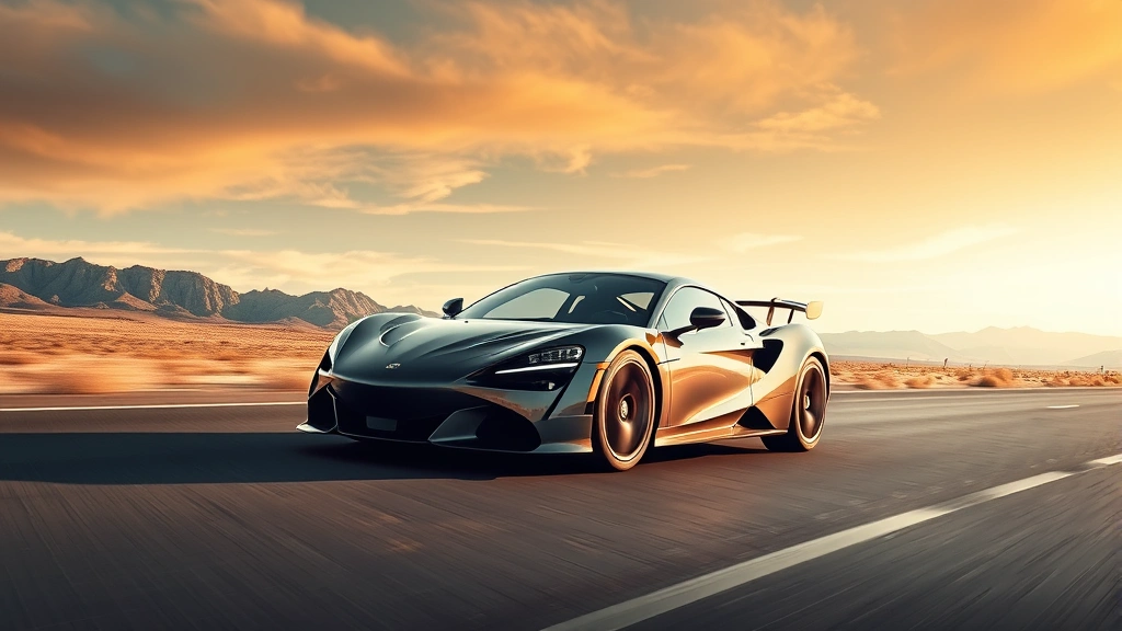 Modern performance sports car accelerating on open highway with dramatic landscape scenery, high-speed motion, mountain or desert backdrop, professional automotive photography, action-oriented composition, no dashboard displays or text visible