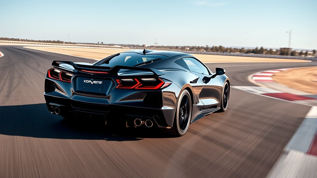 Chevrolet Corvette C8 mid-engine sports car accelerating on empty track, dramatic perspective, performance-focused photography, showcasing distinctive silhouette and design