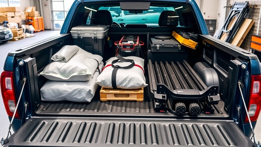 Pickup truck bed loaded with equipment and materials in work setting, showing tie-down systems, protective bedliner, and practical utility configuration
