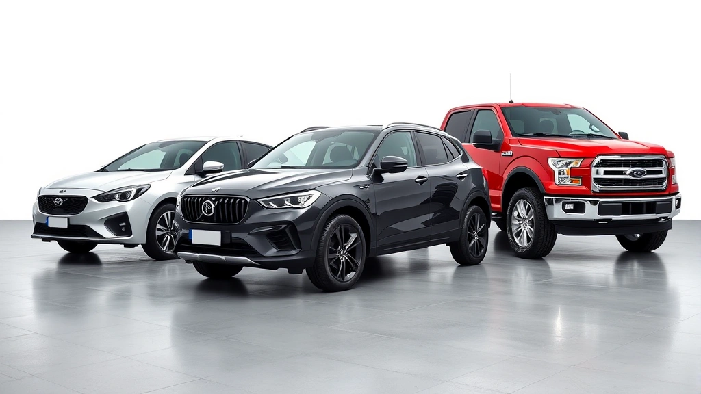 Three vehicles parked in lineup showcasing diversity: compact sedan, midsize SUV, and pickup truck on clean automotive display lot with professional lighting and clear backgrounds