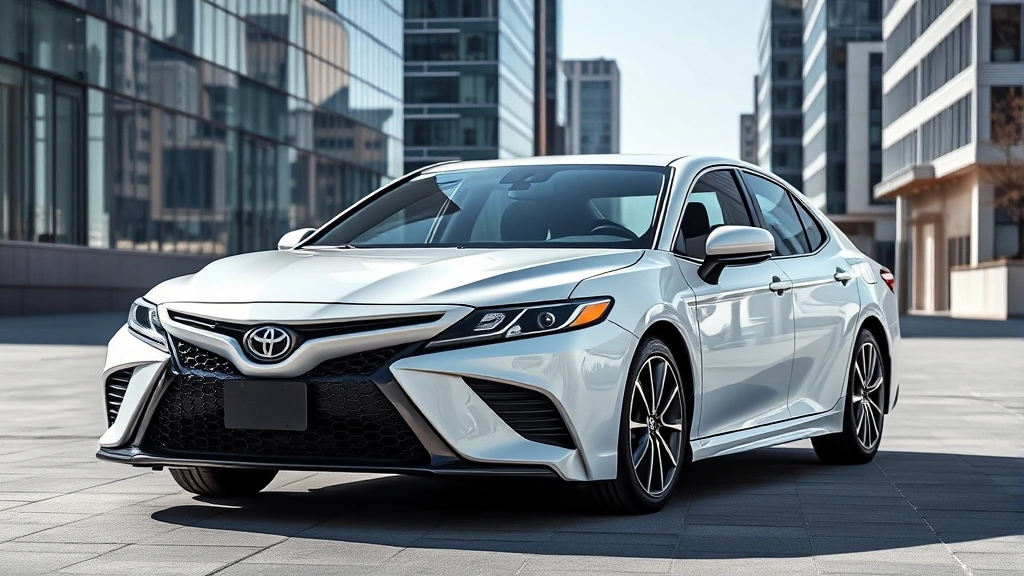 2024 Toyota Camry white sedan parked in modern urban setting with glass buildings, showcasing refined proportions and contemporary design refresh from elevated angle