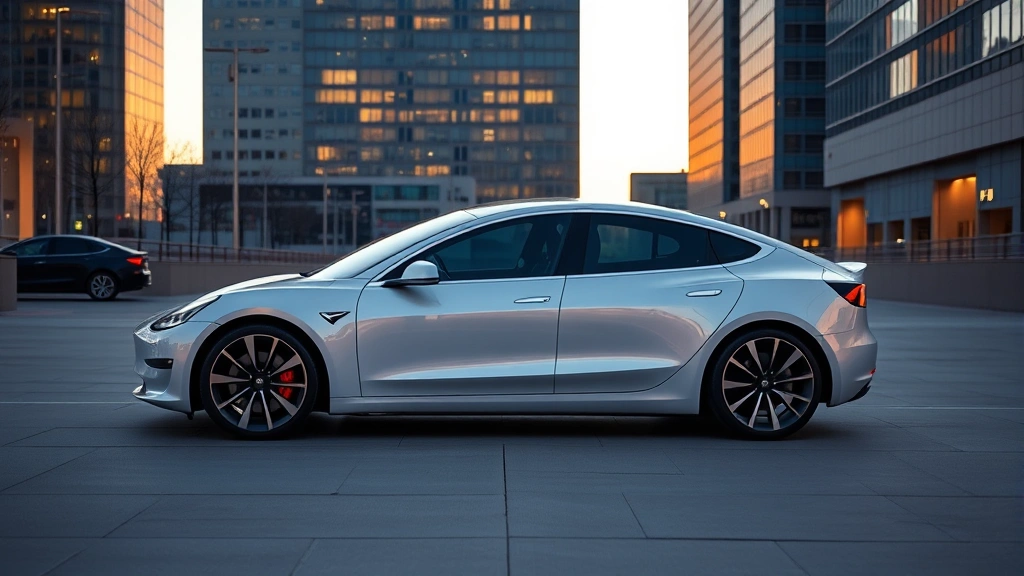 Tesla Model 3 Performance parked in modern urban setting at dusk, highlighting sleek minimalist design, aerodynamic proportions, and futuristic electric vehicle styling cues