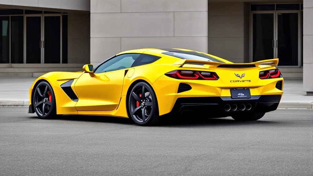 Three-quarter view of a yellow Chevrolet Corvette C8 mid-engine sports car parked against a modern architecture backdrop, showcasing the distinctive mid-engine proportions and muscular design