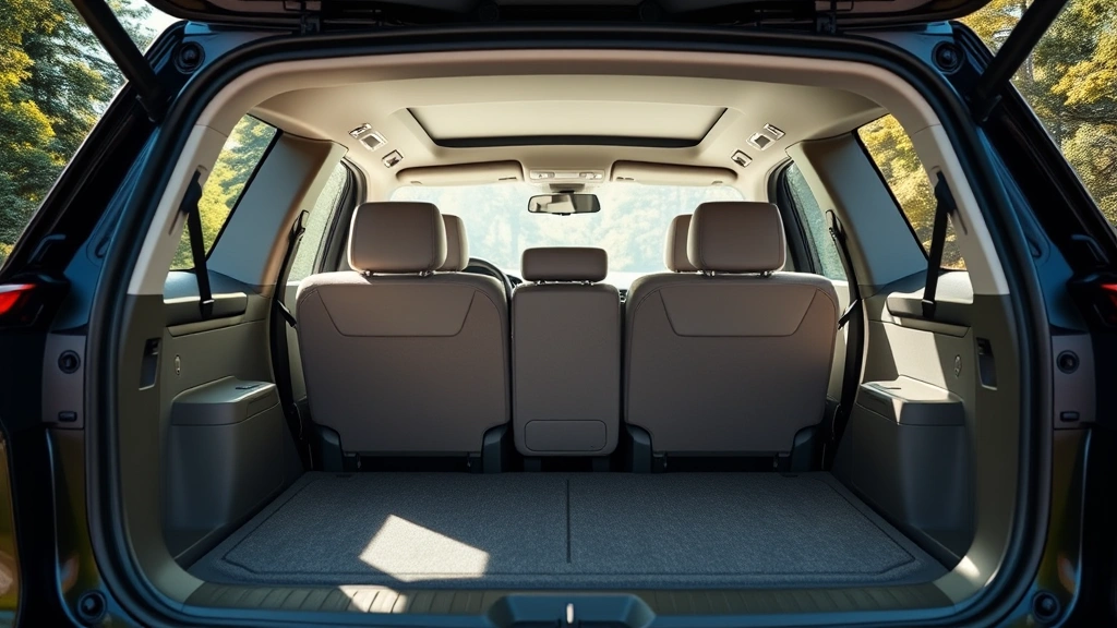 Family hatchback interior showing spacious cargo area with folded rear seats, bright natural lighting, demonstrating practical versatility and modern cabin design